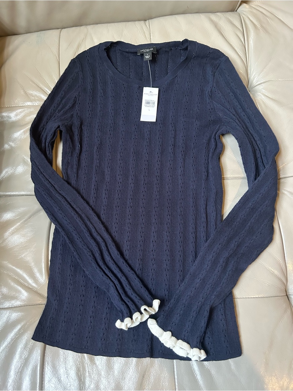 NWT Ann Taylor pointelle long-sleeve Top knit pattern ruffled white cuffs L